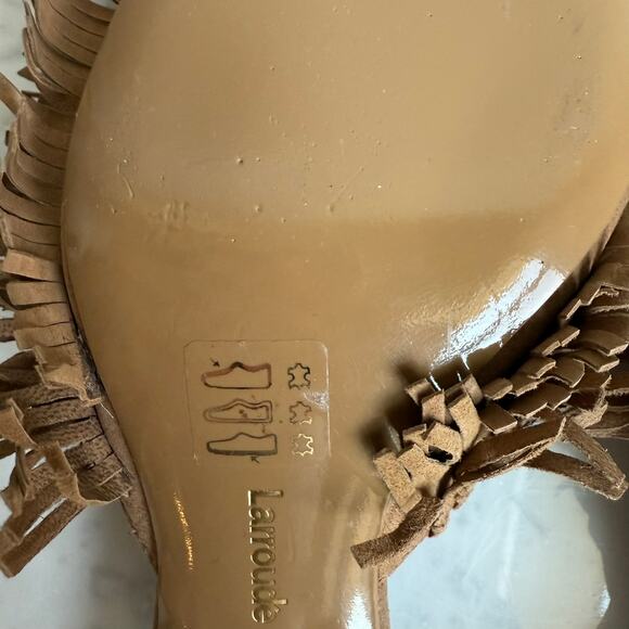 Larroudé Sienna Fringe Suede Mules Tan Kitten Heel Size 8 Handmade Brazil - Picture 9 of 12